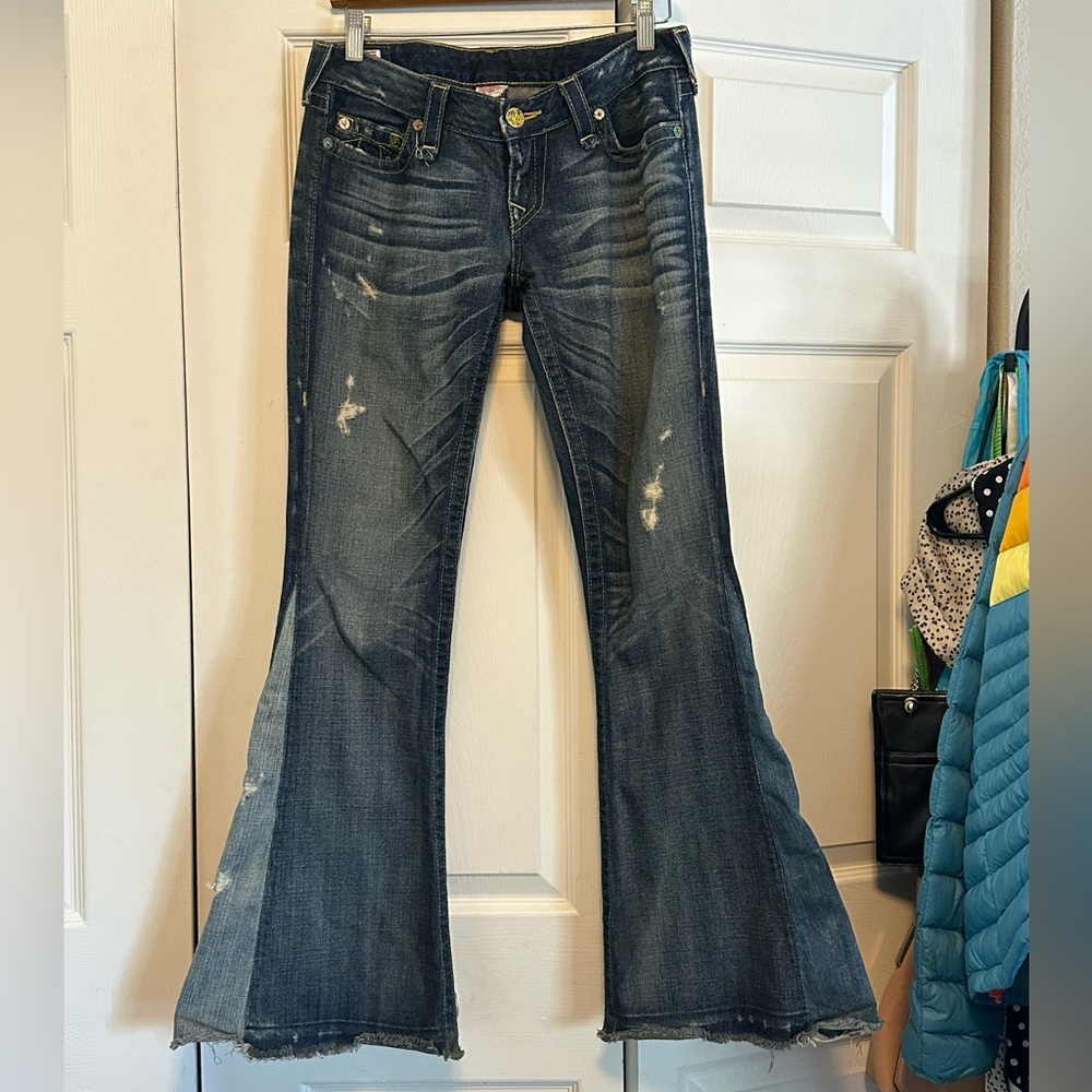 True Religion Distressed Dark Blue Flare Jeans